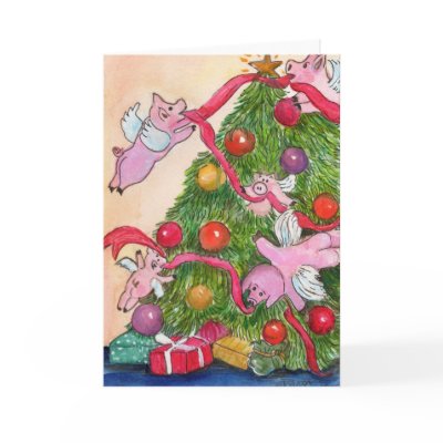 Flying Pigs Decorate the Christmas Tree Card