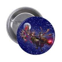 Flying Santa Claus & Rudolph, Red Nosed Reindeer Pinback Button