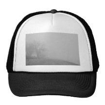Foggy Lake Shoreline View BW Hats