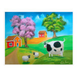 Folk art colourful cow and sheep painting post card