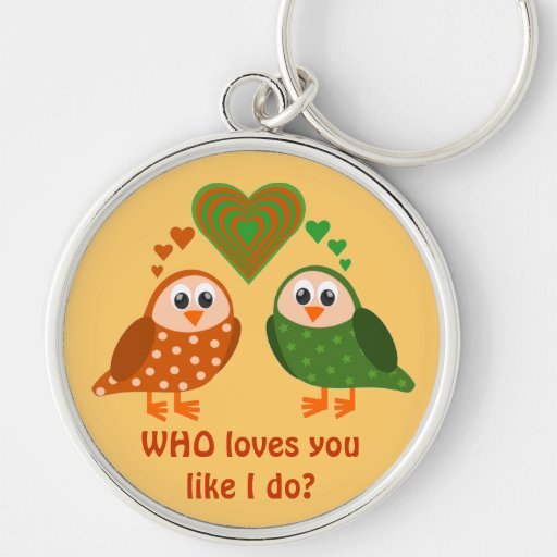 Folk Art Owls Couple WHO Loves You Key Chain