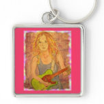 folk rock girl playin' electric coloured edges keychains