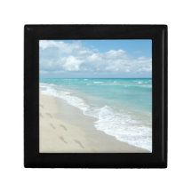 Footprints on White Sandy Beach, Scenic Aqua Blue Trinket Boxes