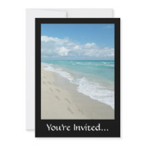 Footprints on White Sandy Beach, Scenic Aqua Blue Custom Announcements