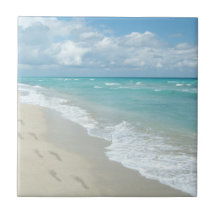Footprints on White Sandy Beach, Scenic Aqua Blue Ceramic Tiles