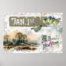 Four Little Birds Tweet Happy New Year Poster