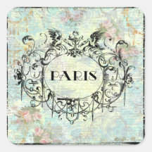 French Antique Style Rococo Design & Pink Roses Square Sticker