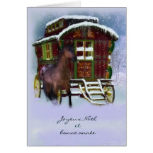 French Christmas Card - Horse And Old Caravan - Jo