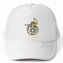 French horn type instrument front facing bell hat