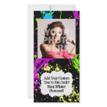 Fresh Retro Neon Paint Splatter on Black Personalized Photo Card