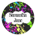 Fresh Retro Neon Paint Splatter on Black Round Stickers