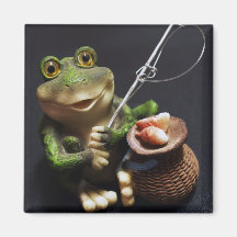 Frog Catching Fish With Fishing Pole Fridge Magnets