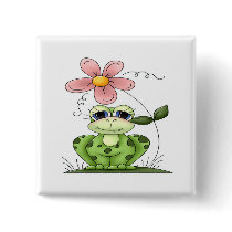 Frog with flower pinback button