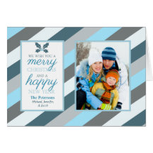 Frosty Blue Stripes Photo Folded Holiday Card