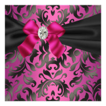 Fuchsia Hot Pink Black Damask Party Invitation