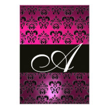 FUCHSIA  PURPLE BLACK  DAMASK MONOGRAM RSVP white Personalised Invitations
