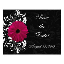 Fuchsia Scroll Gerbera Daisy w/Black and White Personalized Invites
