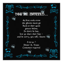 Fun Aqua Blue Girl Gothic Skulls Halloween Party Custom Invitation