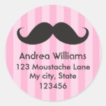 Fun black moustache pink stripes address label stickers