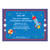 Fun blast off spaceship boys birthday party invite