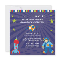 Fun blast off spaceship boys birthday party invite
