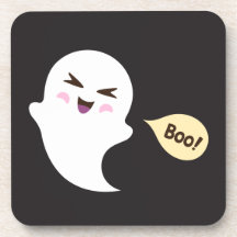 Fun cute kawaii cartoon ghost saying boo beverage coaster