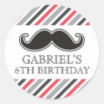 Fun moustache with red grey stripes birthday party stickers