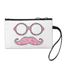 FUN MUSTACHE AND GLASSES, PRINTED PINK GLITTER COIN PURSE