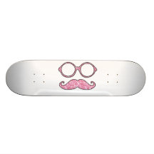FUN MUSTACHE AND GLASSES, PRINTED PINK GLITTER SKATEBOARD DECK