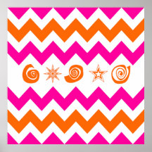 Fun Orange and Pink Chevrons with Swirls and Stars Posters