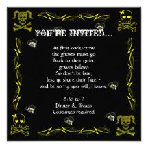 Fun Yellow Girl Gothic Skulls Halloween Party Personalized Announcement