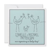 Funky Birds Modern Family Couples Baby Boy Shower Personalized Announcements