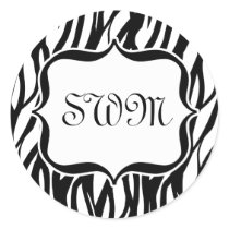 Funky Black/White Zebra Monogram Round Sticker