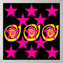 Funky Hot Pink and Black Stars Swirls Pattern Poster