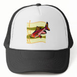 Funky Retro Green and Red Tropical Fish hats
