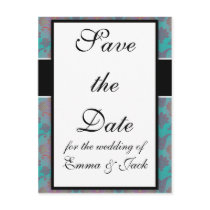 funky turquoise and magenta colourful damask post cards