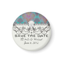 funky turquoise and magenta  damask.ai fridge magnet