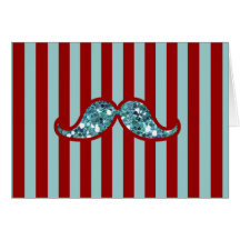 FUNNY BLUE MUSTACHE GLITTER RED STRIPES GREETING CARD