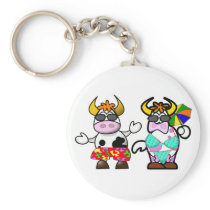Funny Cartoon Beach Cow Couple Key Chain