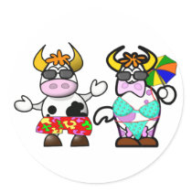 Funny Cartoon Beach Cow Couple Stickers