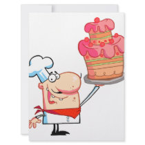 funny cartoon chef holding cake announcement