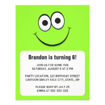 Funny cartoon green smiley face birthday invite