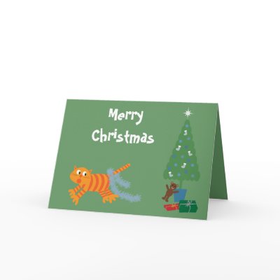 Funny Cat With Tinsel On Tail Green Christmas Card