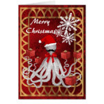 Funny Christmas octopus santa on red damask Cards