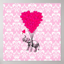 Funny cute elephant & pink damask poster