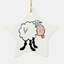 funny cute sheep sticking tongue out from behind christmas ornament