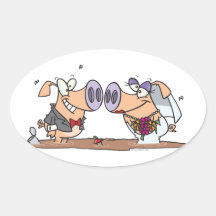 funny cute silly wedding pigs bride groom oval sticker