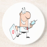 funny doctor doc on the run cartoon drink coasters