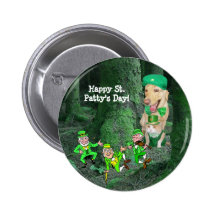 Funny Dog, Cat & Leprechauns Button