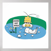 funny duck with hard hat avoiding golf balls posters
